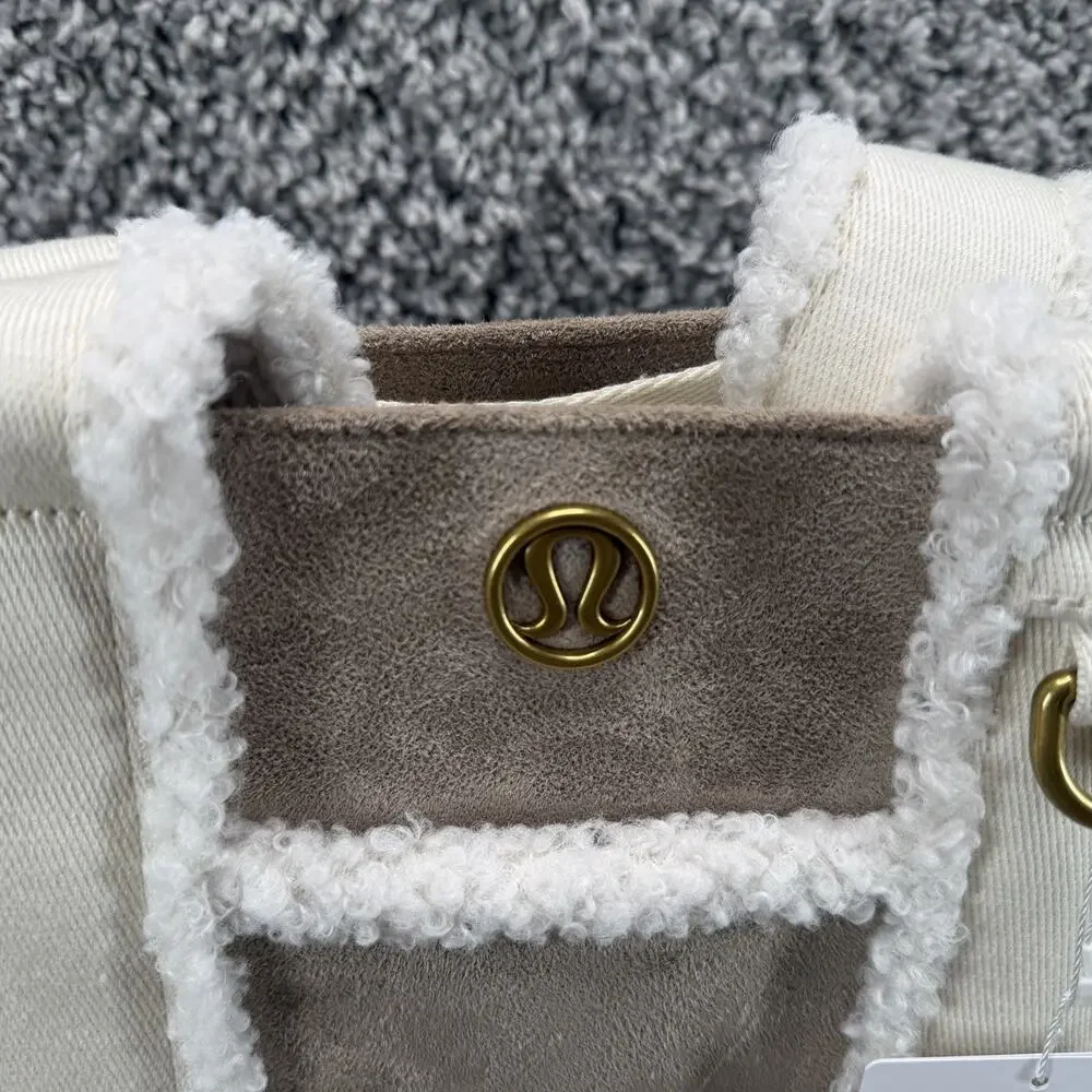 lululemon Boxy Mini Tote Bag Faux Shearling Trim Brown Ivory NWT